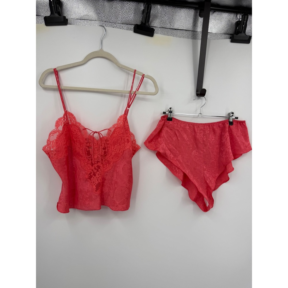 Victoria's Secret Lingerie Set Womens sz M Pink Satin Lace Camisole Tap Shorts